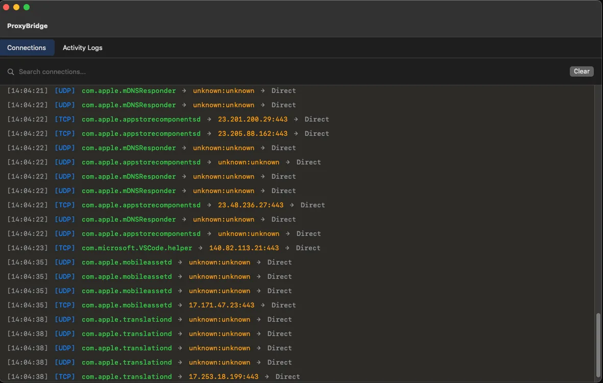 ProxyBridge Connection tab showing live network traffic logs